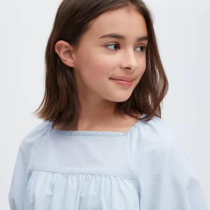 Uniqlo 100% Cotton Chambray Gathered Blouses Kids Blue