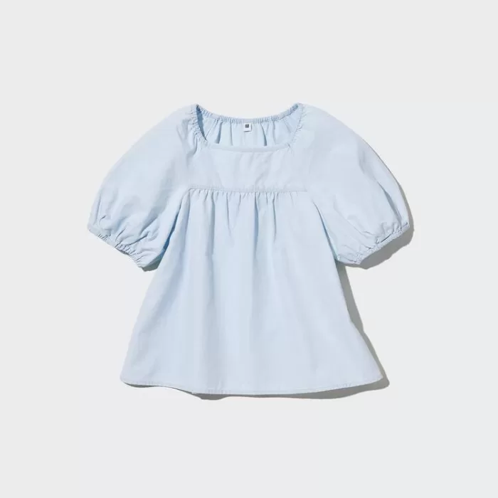 Uniqlo 100% Cotton Chambray Gathered Blouses Kids Blue