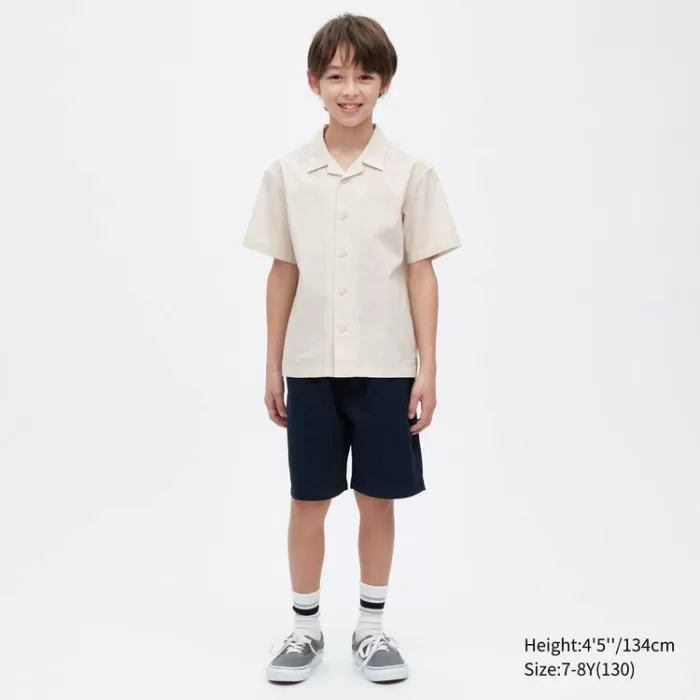 Uniqlo 100% Cotton Open Collar Short Sleeved Boys Shirts Beige