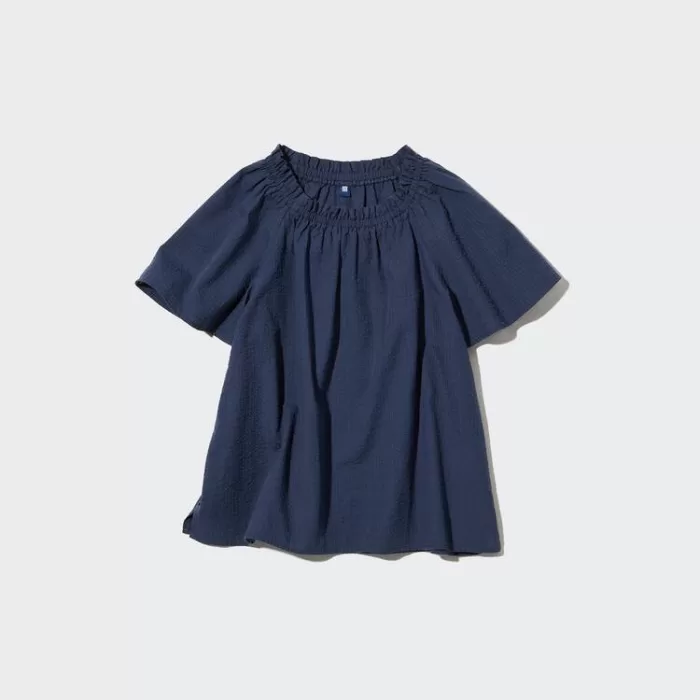 Uniqlo 100% Cotton Seersucker Short Sleeved Boys Navy Blue Shirts