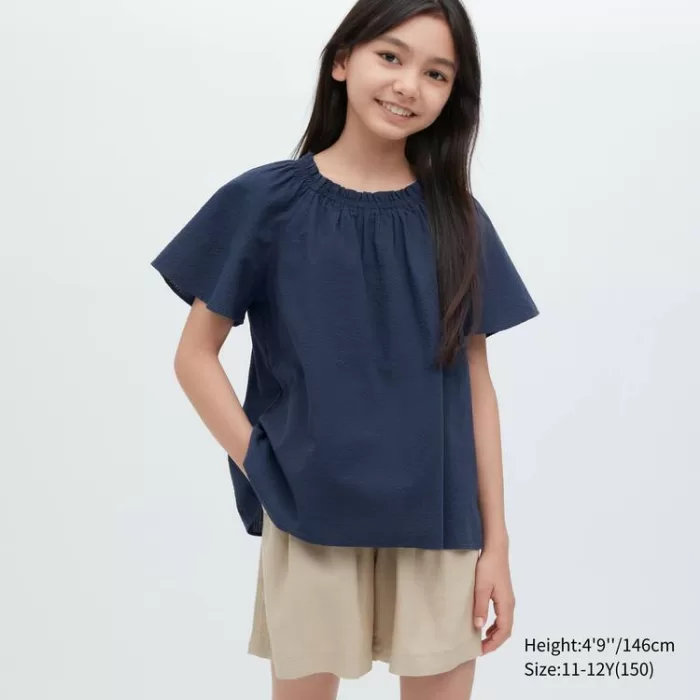 Uniqlo 100% Cotton Seersucker Short Sleeved Boys Navy Blue Shirts