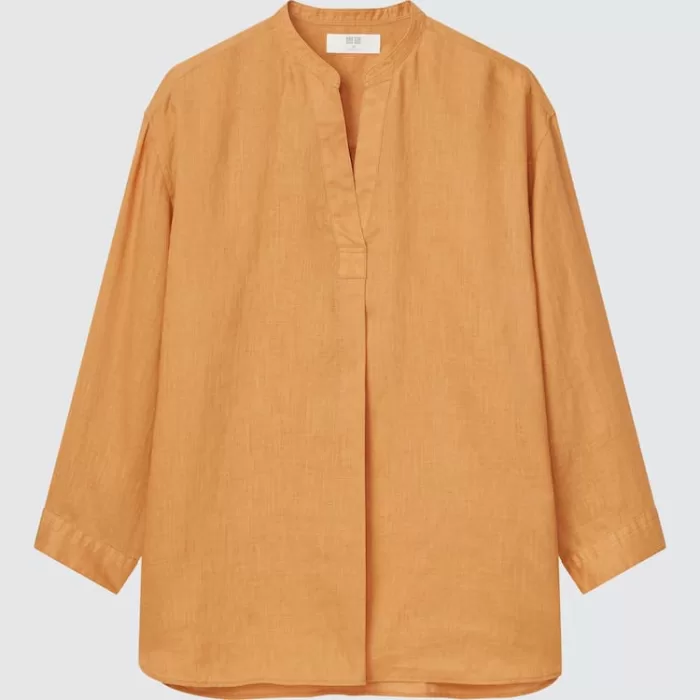 Uniqlo 100% Linen Skipper Collar 3/4 Sleeved Women’s Shirts Orange