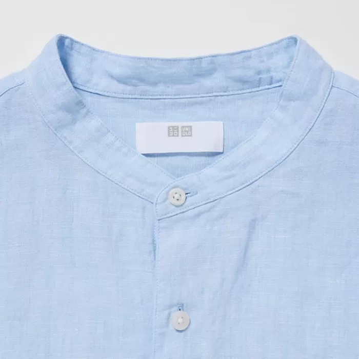 Uniqlo 100% Premium Linen Regular Fit (Grandad Collar) Men’s Shirts Blue