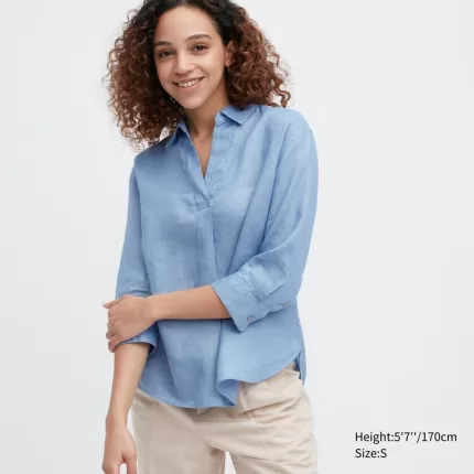 Uniqlo 100% Premium Linen Skipper Collar 3/4 Sleeved Women’s Shirts Blue