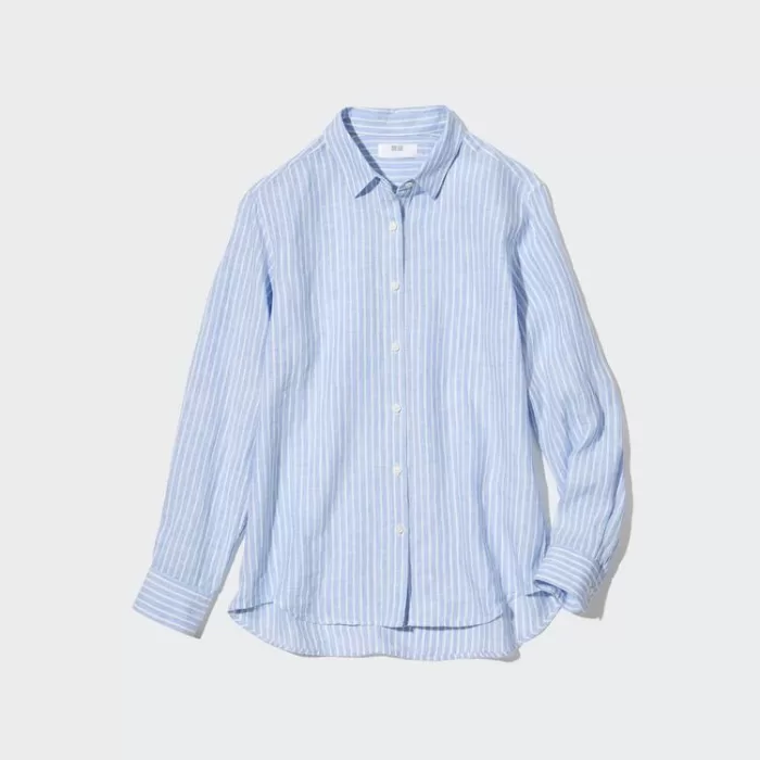 Uniqlo 100% Premium Linen Striped Long Sleeved Women’s Shirts Light Blue