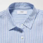 Uniqlo 100% Premium Linen Striped Long Sleeved Women’s Shirts Light Blue