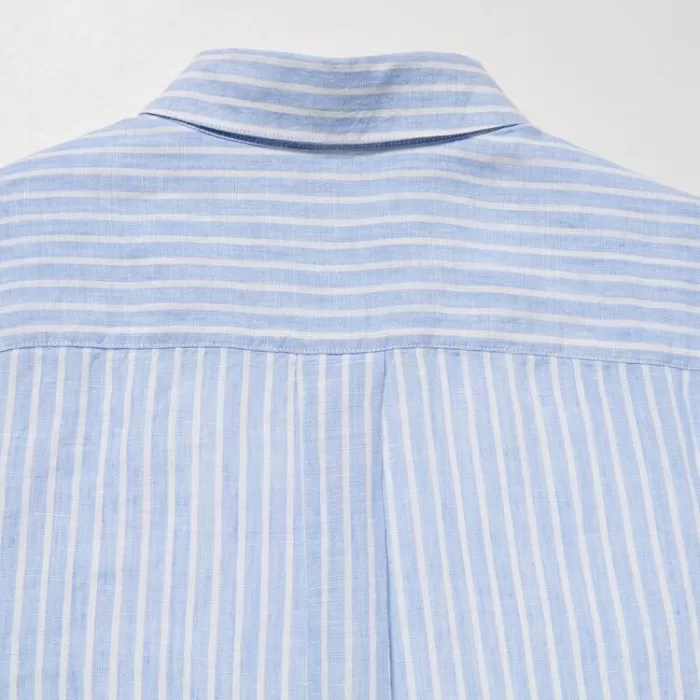 Uniqlo 100% Premium Linen Striped Long Sleeved Women’s Shirts Light Blue