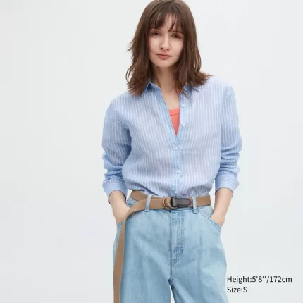 Uniqlo 100% Premium Linen Striped Long Sleeved Women’s Shirts Light Blue