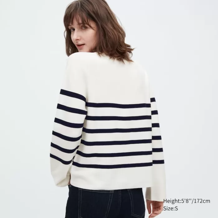 Uniqlo 3d Knit Seamless Cotton Striped Crew Neck Women’s Knitwear White