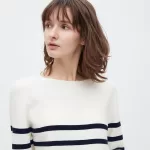 Uniqlo 3d Knit Seamless Cotton Striped Crew Neck Women’s Knitwear White