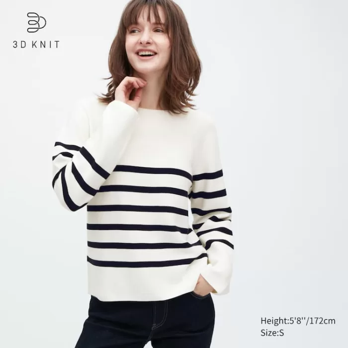 Uniqlo 3d Knit Seamless Cotton Striped Crew Neck Women’s Knitwear White