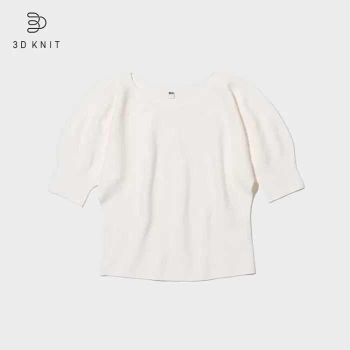 Uniqlo 3d Knit Seamless Cotton Volume Half Sleeved Tops Women White