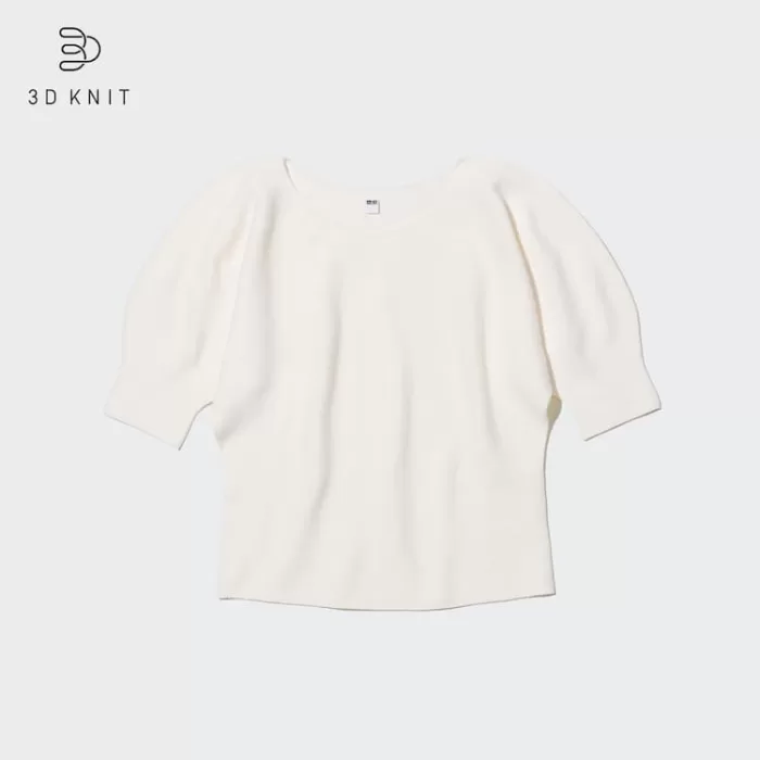 Uniqlo 3d Knit Seamless Cotton Volume Half Sleeved Women’s Knitwear White