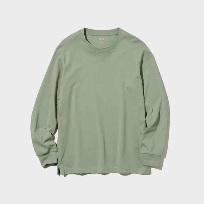 Uniqlo Airism Cotton Crew Neck Long Sleeved Tops Men Green