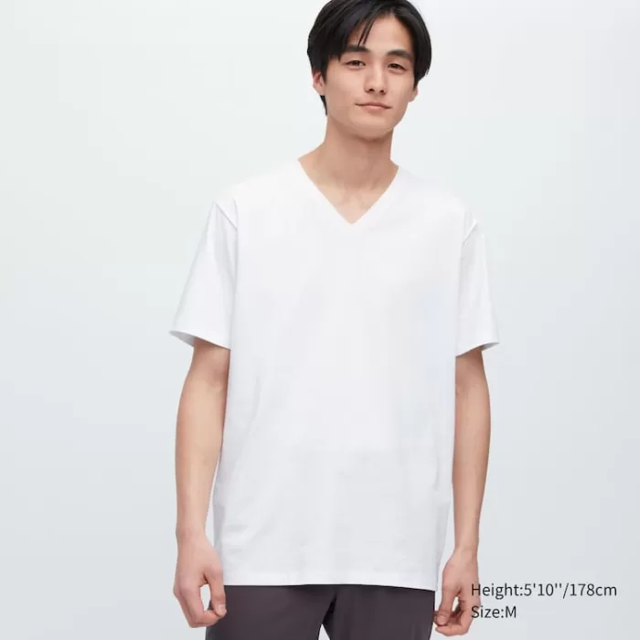 Uniqlo Airism Cotton V Neck Short Sleeved T-Shirt Men White