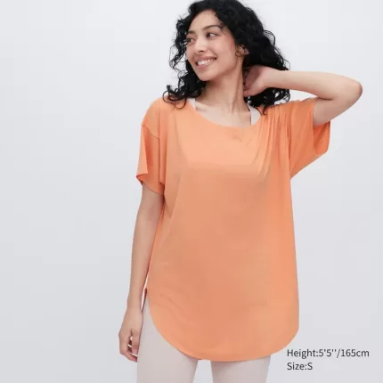 Uniqlo Airism Seamless Boat Neck Longline Short Sleeved T-shirt Women Orange