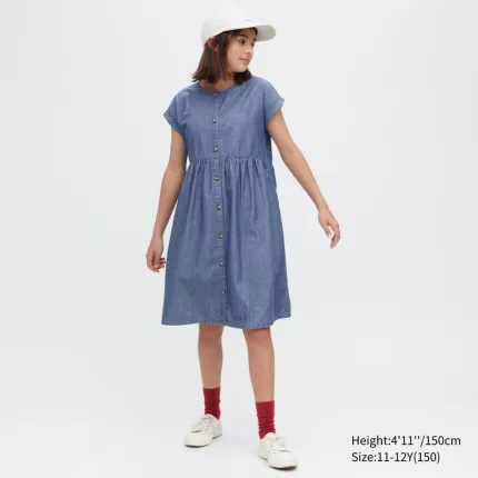 Uniqlo Chambray Gathered Short Sleeved Dress Kids Blue