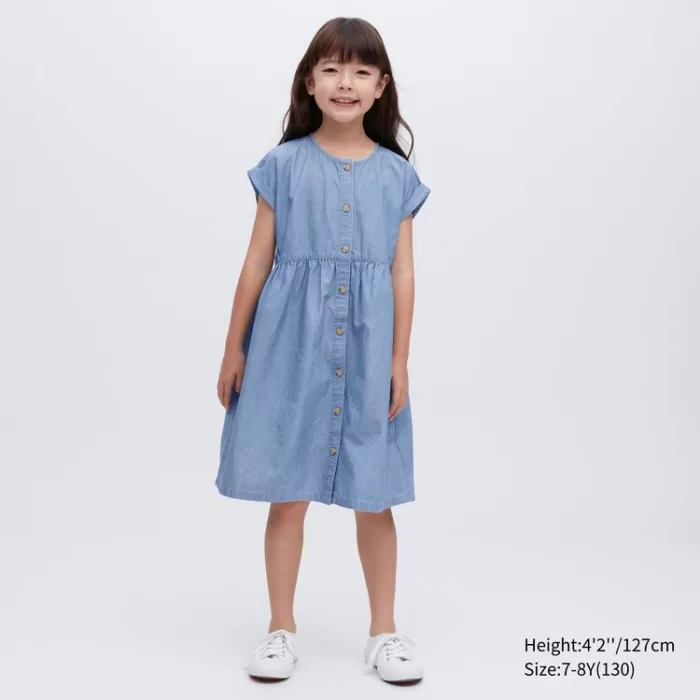 Uniqlo Chambray Gathered Short Sleeved Dress Kids Blue