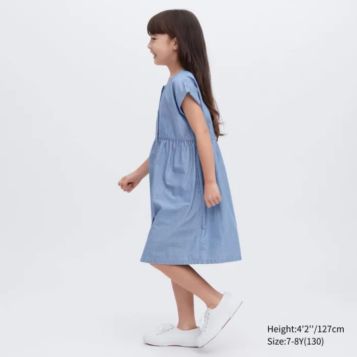 Uniqlo Chambray Gathered Short Sleeved Dress Kids Blue