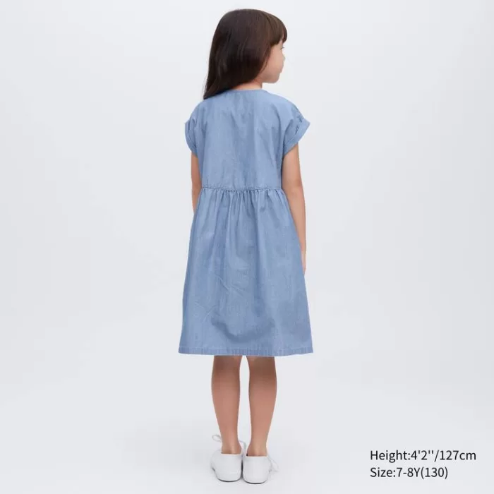 Uniqlo Chambray Gathered Short Sleeved Dress Kids Blue