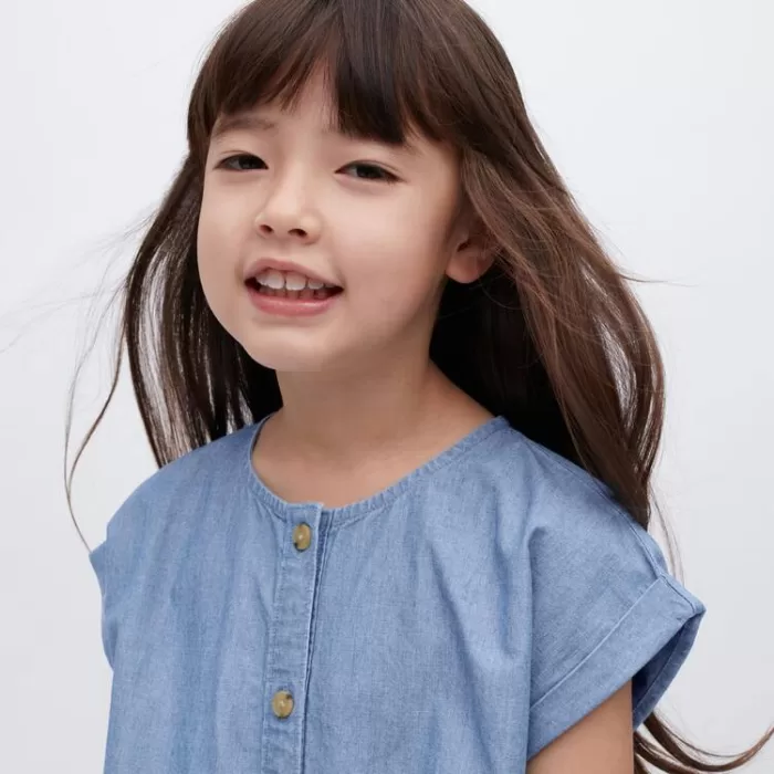 Uniqlo Chambray Gathered Short Sleeved Dress Kids Blue