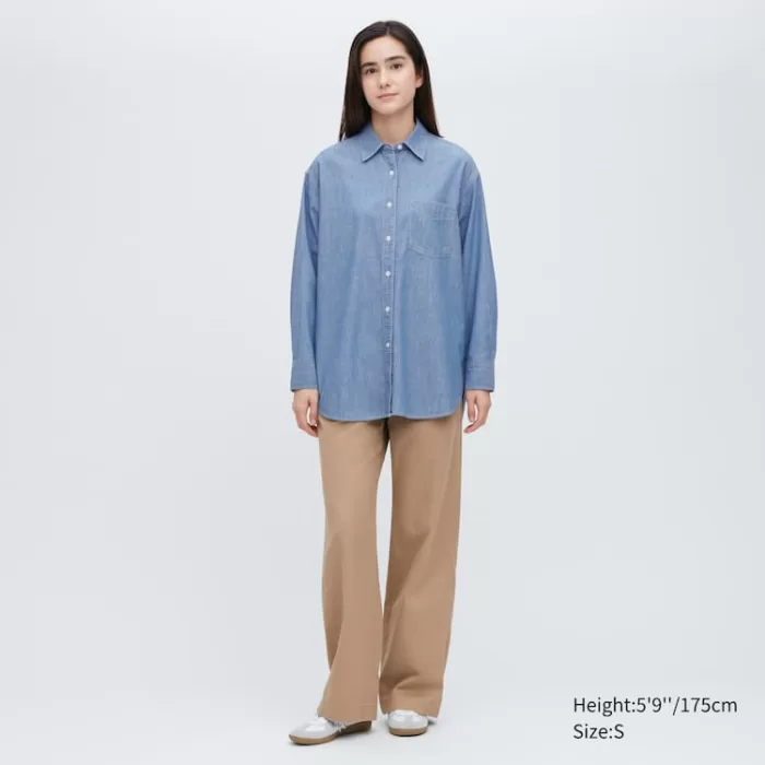 Uniqlo Chambray Oversized Long Sleeved Women’s Shirts Blue