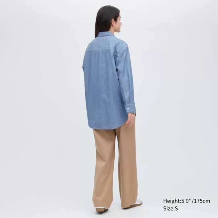 Uniqlo Chambray Oversized Long Sleeved Women’s Shirts Blue