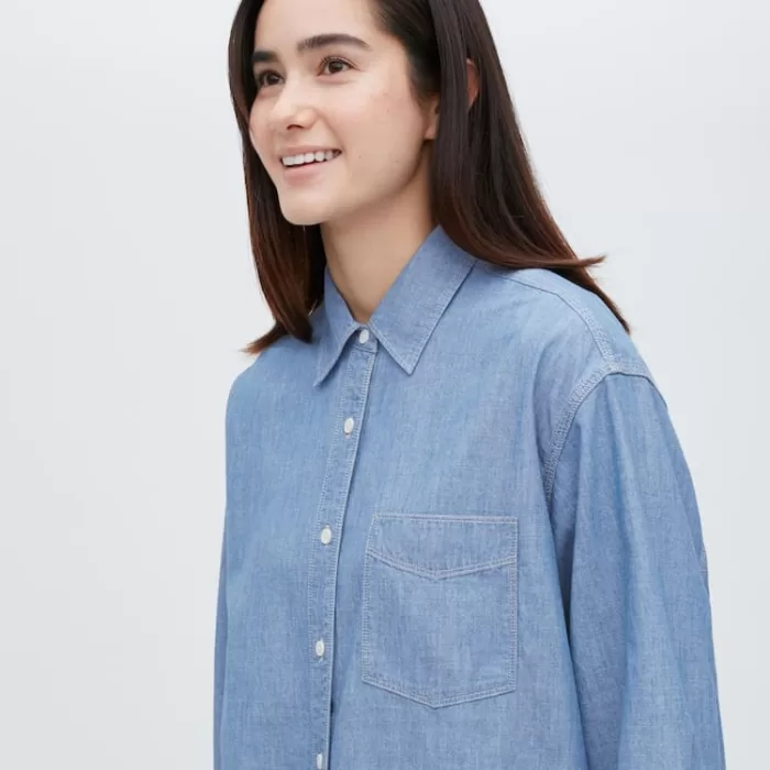 Uniqlo Chambray Oversized Long Sleeved Women’s Shirts Blue