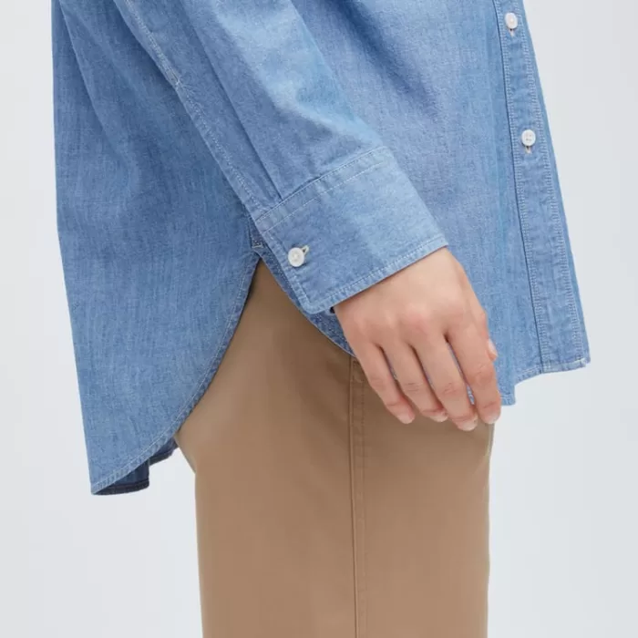 Uniqlo Chambray Oversized Long Sleeved Women’s Shirts Blue