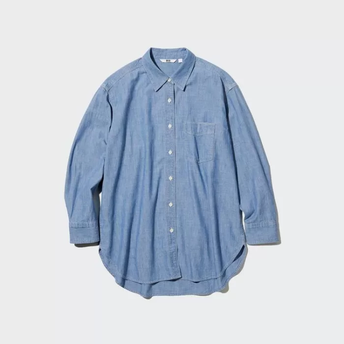 Uniqlo Chambray Oversized Long Sleeved Women’s Shirts Blue