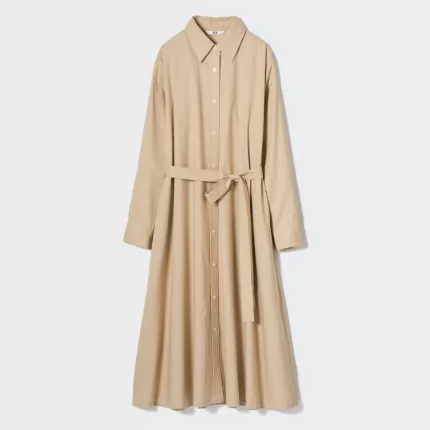 Uniqlo Cotton A-line Long Sleeved Dress Women Beige