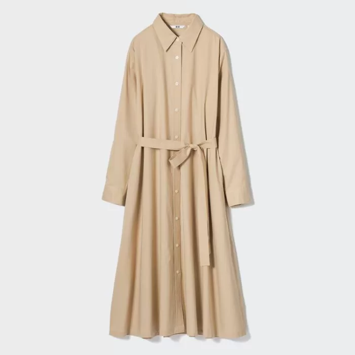 Uniqlo Cotton A-line Long Sleeved Dress Women Beige