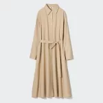 Uniqlo Cotton A-line Long Sleeved Dress Women Beige