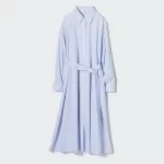 Uniqlo Cotton A-line Striped Long Sleeved Dress Women Blue