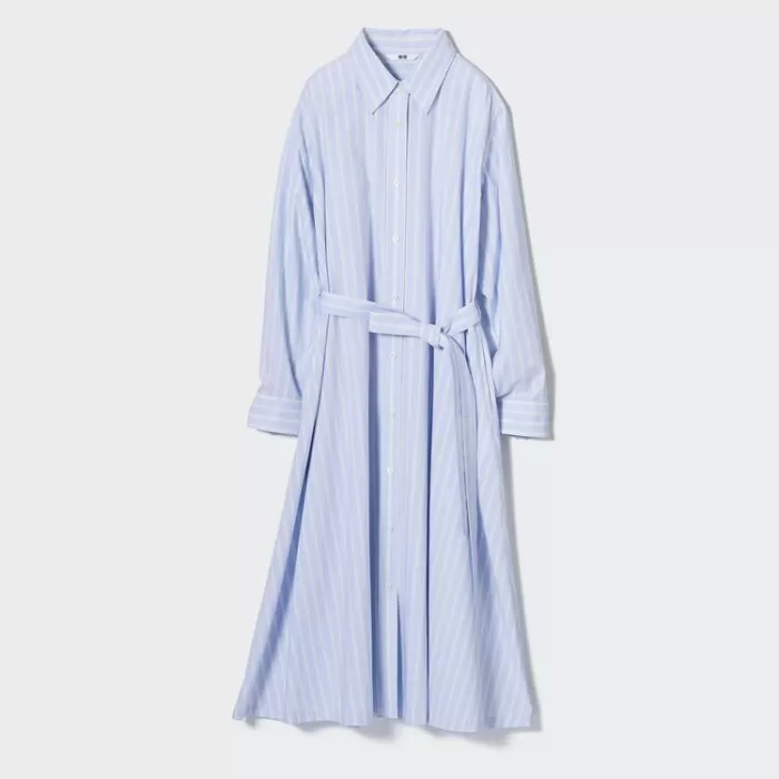 Uniqlo Cotton A-line Striped Long Sleeved Dress Women Blue