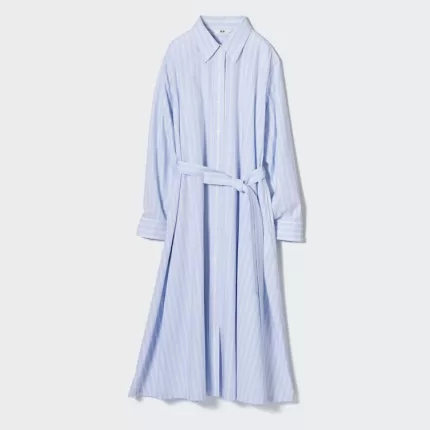 Uniqlo Cotton A-line Striped Long Sleeved Dress Women Blue