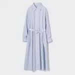 Uniqlo Cotton A-line Striped Long Sleeved Dress Women White