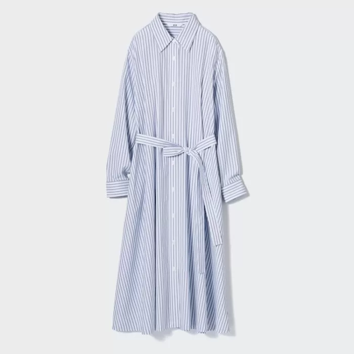 Uniqlo Cotton A-line Striped Long Sleeved Dress Women White