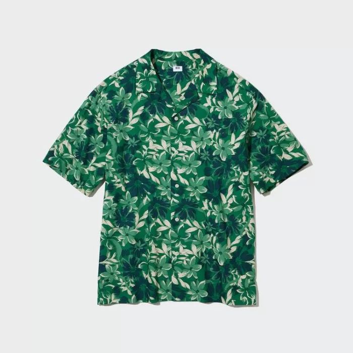 Uniqlo Cotton Blend Casual Printed Short Sleeved (Open Collar) Men’s Shirts Green