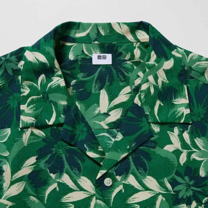 Uniqlo Cotton Blend Casual Printed Short Sleeved (Open Collar) Men’s Shirts Green