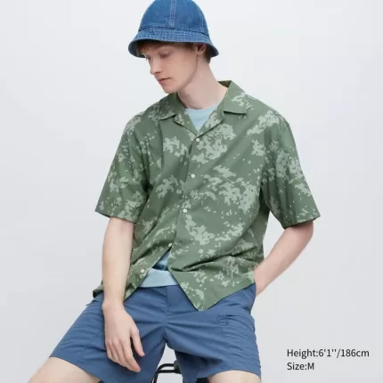 Uniqlo Cotton Blend Casual Printed Short Sleeved (Open Collar) Men’s Shirts Green