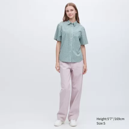 Uniqlo Cotton Checked Short Sleeved Women’s Shirts Green