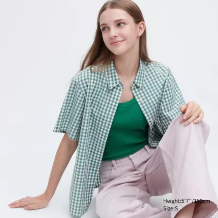 Uniqlo Cotton Checked Short Sleeved Women’s Shirts Green