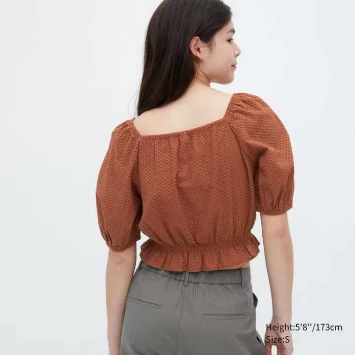 Uniqlo Cotton Embroidered Square Neck Short Sleeved Blouses Women Brown