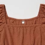 Uniqlo Cotton Embroidered Square Neck Short Sleeved Blouses Women Brown