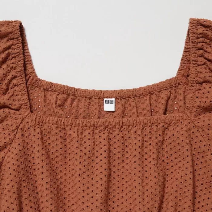 Uniqlo Cotton Embroidered Square Neck Short Sleeved Blouses Women Brown