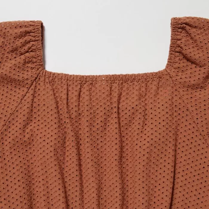 Uniqlo Cotton Embroidered Square Neck Short Sleeved Blouses Women Brown