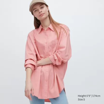 Uniqlo Cotton Twill Oversized Long Sleeved Women’s Shirts Pink