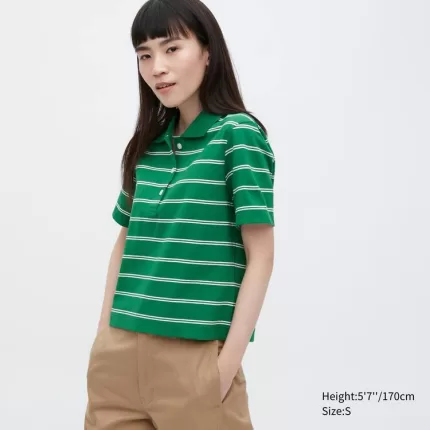 Uniqlo Cropped Relaxed Fit Striped T-shirt Women Green