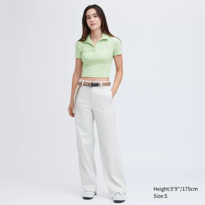 Uniqlo Cropped Skipper Collar Short Sleeved T-shirt Women Green